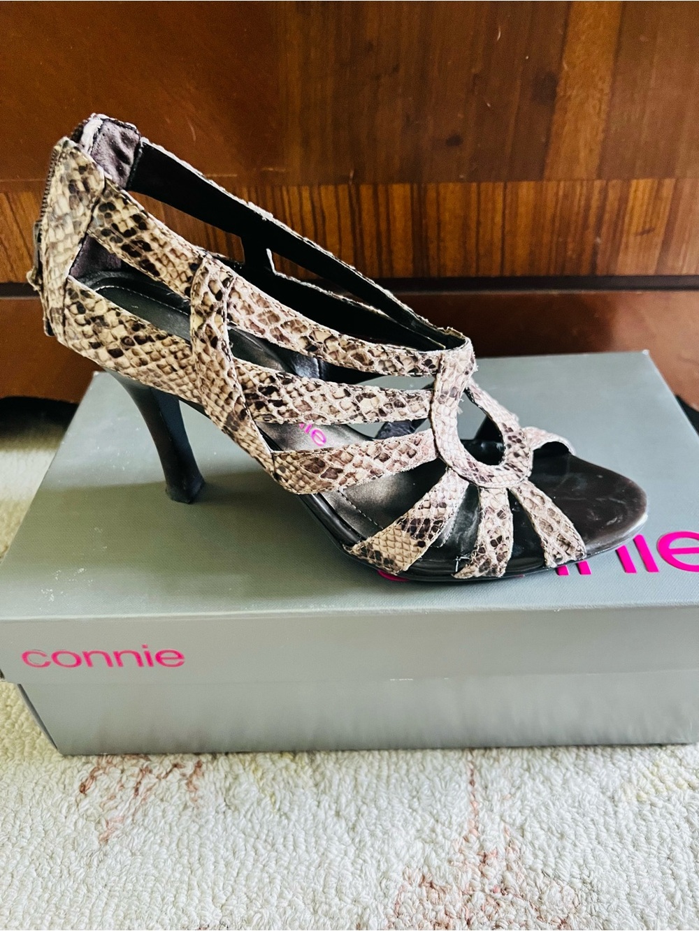 Connie Snake-Print Strappy Heeled Sandal in Taupe and Black